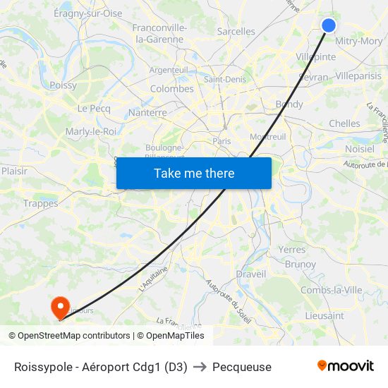 Roissypole - Aéroport Cdg1 (D3) to Pecqueuse map