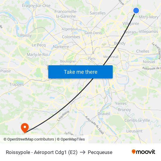 Roissypole - Aéroport Cdg1 (E2) to Pecqueuse map