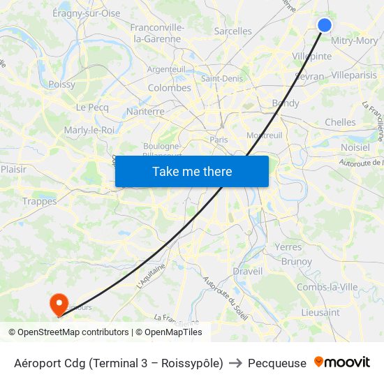 Aéroport Cdg (Terminal 3 – Roissypôle) to Pecqueuse map