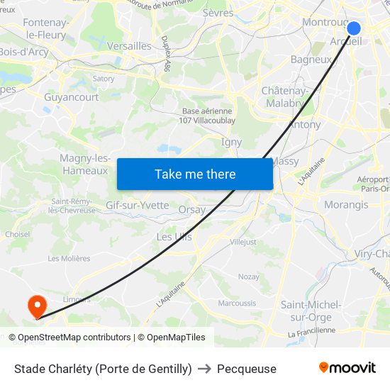 Stade Charléty (Porte de Gentilly) to Pecqueuse map