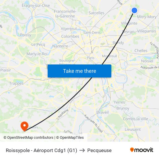 Roissypole - Aéroport Cdg1 (G1) to Pecqueuse map