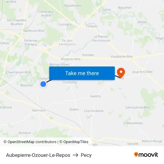 Aubepierre-Ozouer-Le-Repos to Pecy map