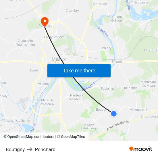 Boutigny to Penchard map