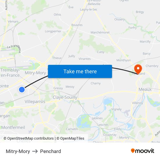 Mitry-Mory to Penchard map