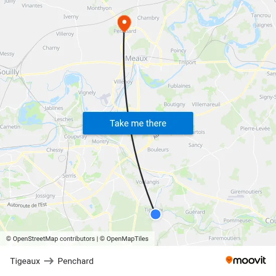 Tigeaux to Penchard map