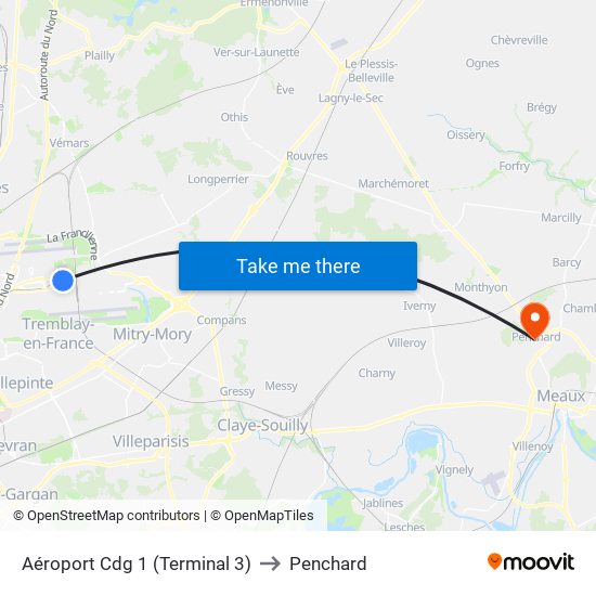 Aéroport Cdg 1 (Terminal 3) to Penchard map