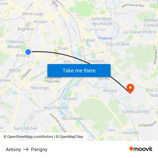 Antony to Perigny map