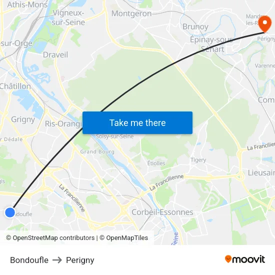 Bondoufle to Perigny map