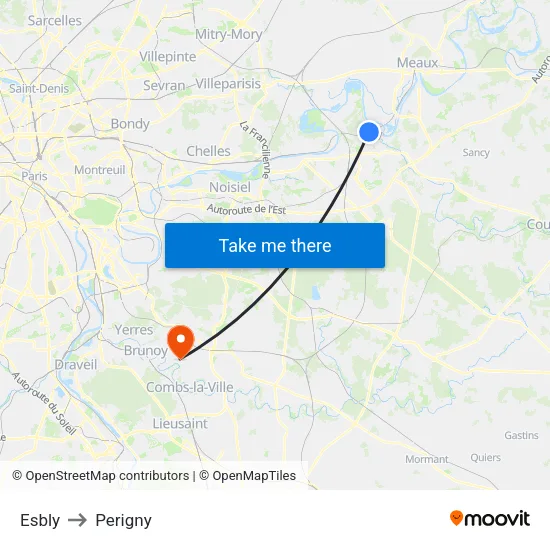 Esbly to Perigny map