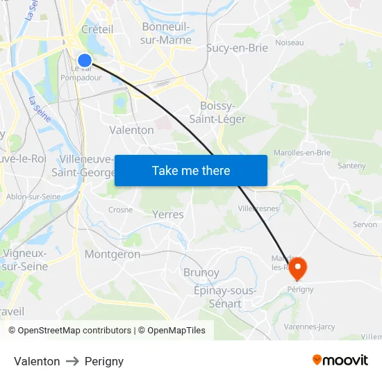 Valenton to Perigny map