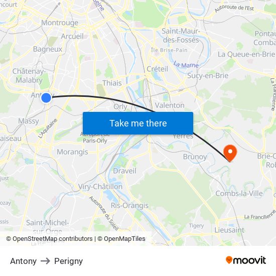 Antony to Perigny map