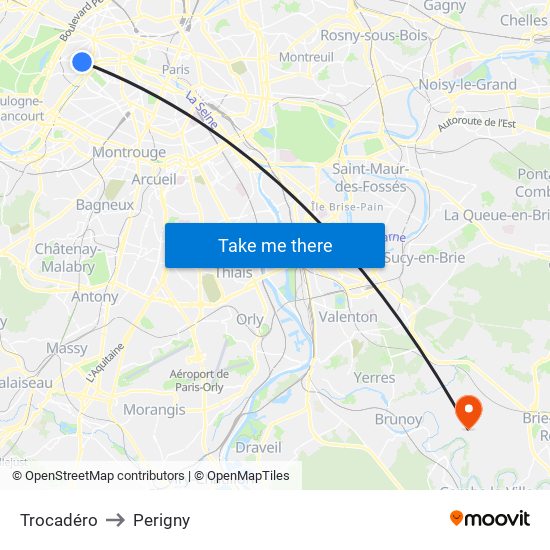 Trocadéro to Perigny map