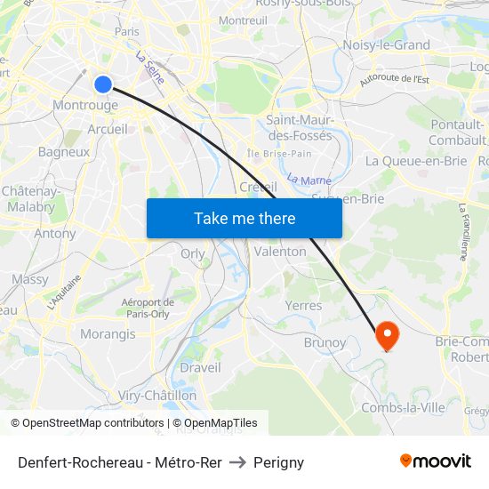 Denfert-Rochereau - Métro-Rer to Perigny map