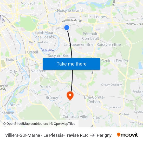 Villiers-Sur-Marne - Le Plessis-Trévise RER to Perigny map