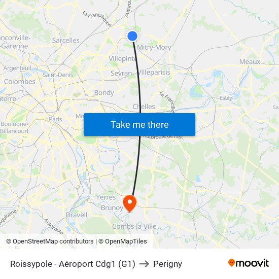 Roissypole - Aéroport Cdg1 (G1) to Perigny map