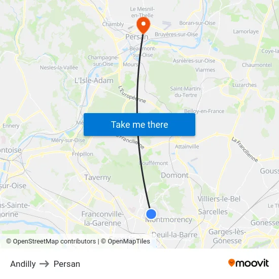 Andilly to Persan map