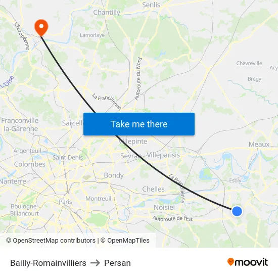 Bailly-Romainvilliers to Persan map