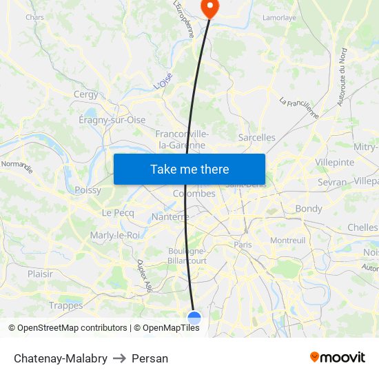 Chatenay-Malabry to Persan map