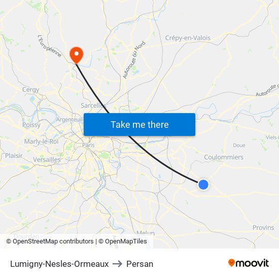 Lumigny-Nesles-Ormeaux to Persan map