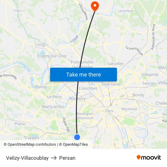 Velizy-Villacoublay to Persan map