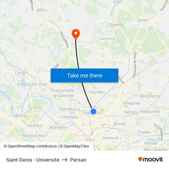 Saint-Denis - Université to Persan map