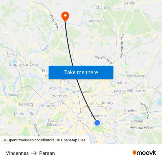 Vincennes to Persan map