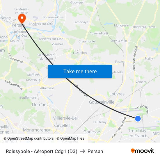 Roissypole - Aéroport Cdg1 (D3) to Persan map