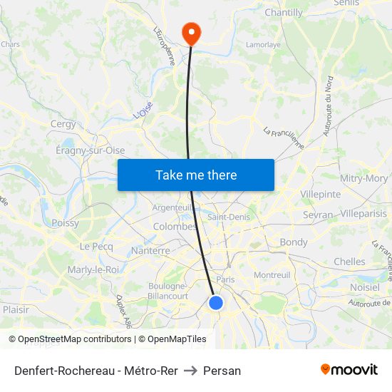 Denfert-Rochereau - Métro-Rer to Persan map