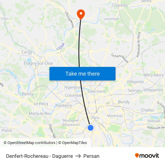 Denfert-Rochereau - Daguerre to Persan map