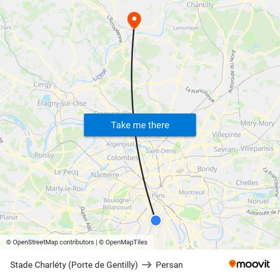 Stade Charléty (Porte de Gentilly) to Persan map