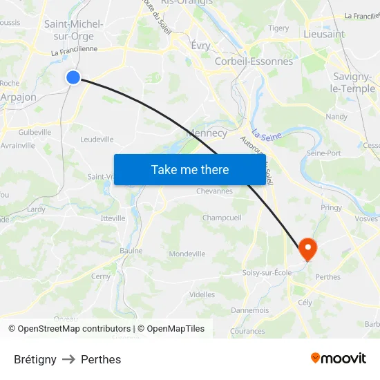 Brétigny to Perthes map