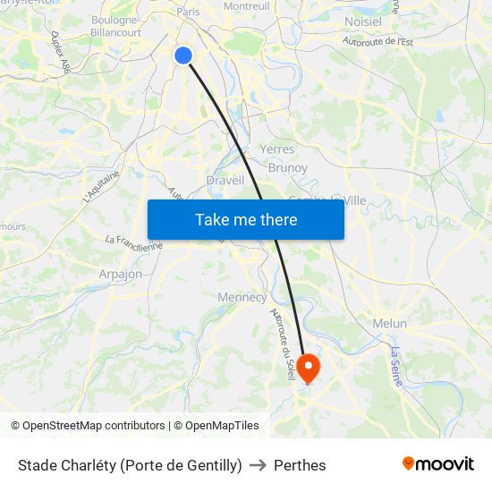 Stade Charléty (Porte de Gentilly) to Perthes map