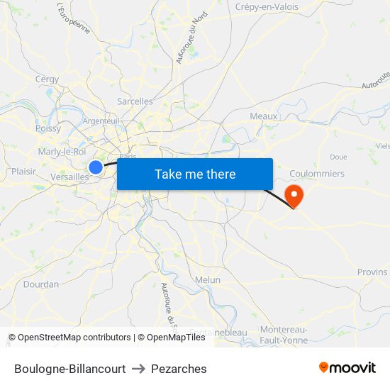 Boulogne-Billancourt to Pezarches map