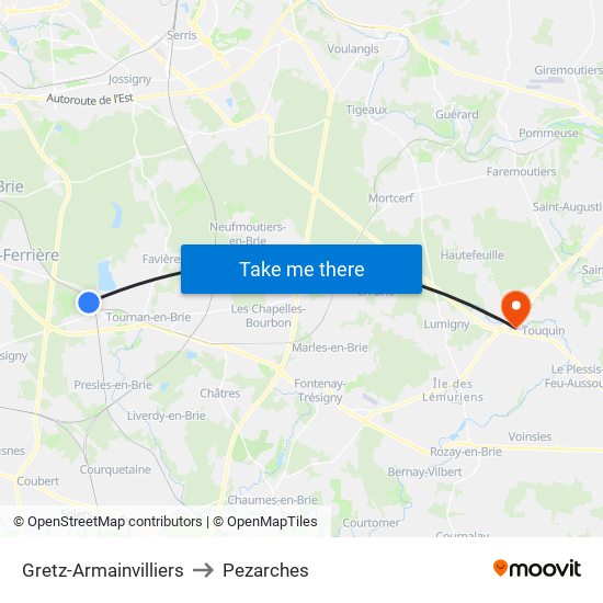 Gretz-Armainvilliers to Pezarches map