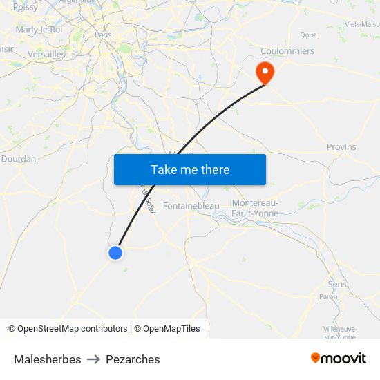 Malesherbes to Pezarches map