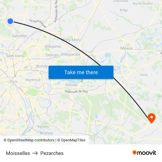 Moisselles to Pezarches map