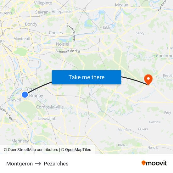 Montgeron to Pezarches map