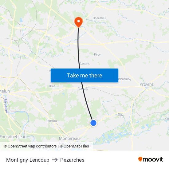 Montigny-Lencoup to Pezarches map