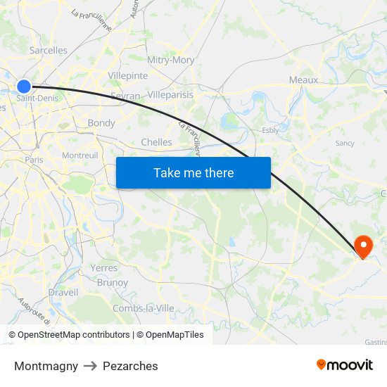 Montmagny to Pezarches map