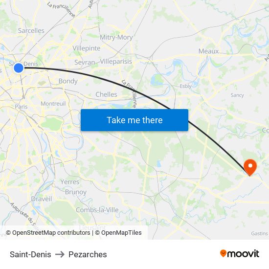 Saint-Denis to Pezarches map