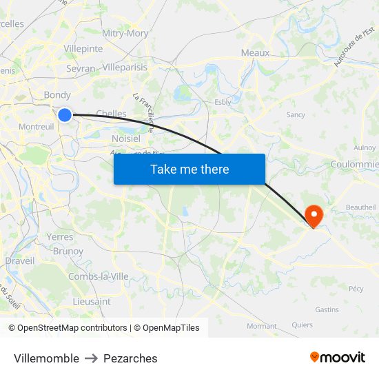 Villemomble to Pezarches map