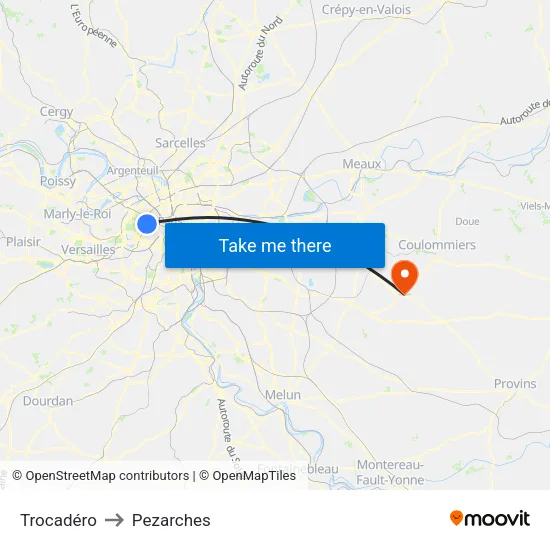 Trocadéro to Pezarches map
