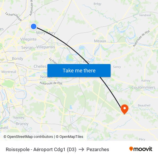 Roissypole - Aéroport Cdg1 (D3) to Pezarches map
