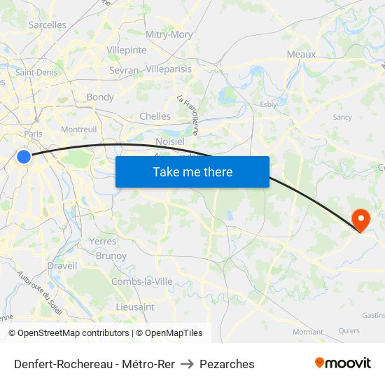 Denfert-Rochereau - Métro-Rer to Pezarches map