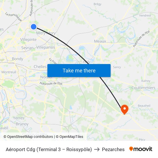 Aéroport Cdg (Terminal 3 – Roissypôle) to Pezarches map