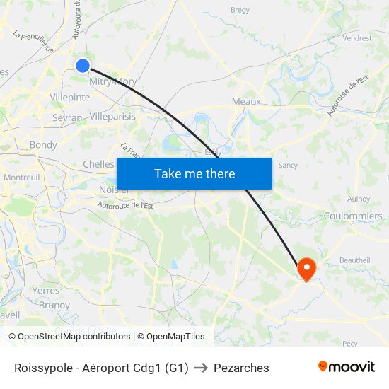 Roissypole - Aéroport Cdg1 (G1) to Pezarches map
