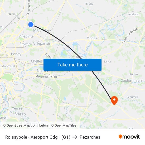 Gare de Roissypôle - Aéroport Cdg1 (G1) to Pezarches map