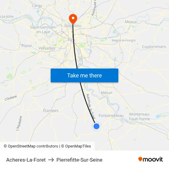 Acheres-La-Foret to Pierrefitte-Sur-Seine map