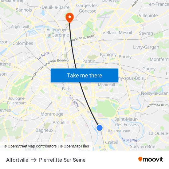 Alfortville to Pierrefitte-Sur-Seine map