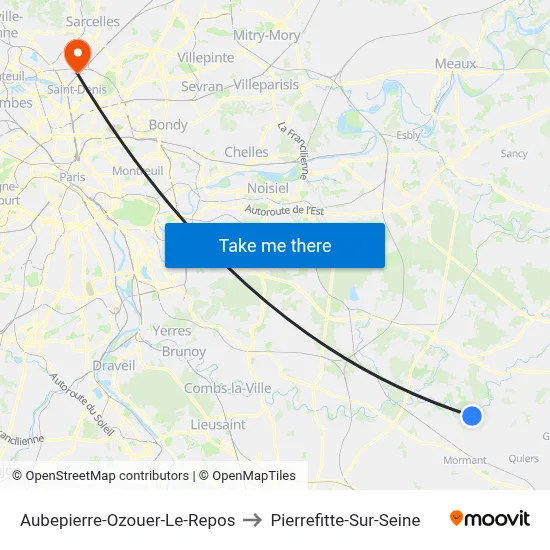 Aubepierre-Ozouer-Le-Repos to Pierrefitte-Sur-Seine map